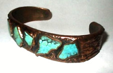 VINTAGE 1960'S BRUTALIST COPPER - INLAID TURQUOISE CUFF BELL TRADING POST - NM picture