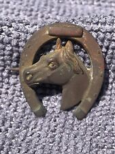 Rare Antique Brass Detailed Horse Head Horseshoe Equestrian Riding Pin / Brooch picture