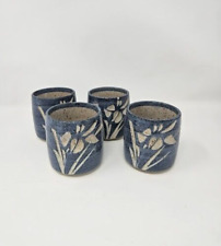 Vintage Set of 4 Blue Floral Speckled Ceramic Japanese Tea Cups Drinkware picture