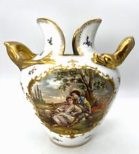 Antique Austrian Porcelain Vase Hand Painted Lovers w Dog Sheep Dolphin Handles picture
