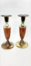 Pair Of Brass & Wood  Candlestick Holders Vintage MCM 1960's  picture