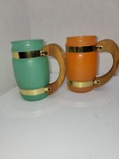 Siesta Ware Brass Banded Barrel Frosted Glass Mugs Wood Handles Orange/Green VTG picture