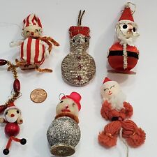 Vintage Putz Chenille Spun Silk Mica Japan Santa & Snowmen Ornaments Lot of 5 picture