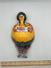 VINTAGE MEXICAN FOLK ART MERMAID WITH FISH HAND PAINTED COCONUT SHELL picture