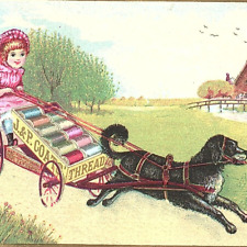 1880s Victorian Trade Card J&P Coats Thread Chart Pink Girl Dog Chariot Harness picture