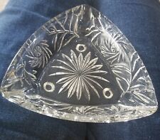 Vintage Clear Pressed Glass Triangle Ashtray With 3 Glass Feet - Starburst +Vine picture