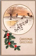 Vintage 1910s CHRISTMAS GREETINGS Embossed Card / Winter Church Scene / Holly picture