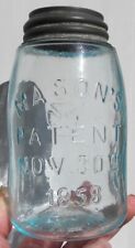 Old Original Mason's Patent Nov. 30, 1858,Hero Cross, Aqua Midget Fruit Jar, Cap picture