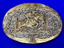 NOS 24k gold plated western cowboy jumping over fence ADM belt buckle in wrap picture