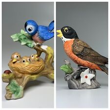 Ceramic Bird Figurines Set of 2 Blue Bird With Babies And American Robin picture