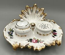 Vintage Old Paris Porcelain Floral Inkwell w/ Sand Shaker Gold Trim 19th Century picture