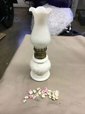 Vintage 8” Milk Glass Oil Lamp With White Chimney and roses Unbranded Hong Kong picture