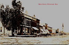 Antique RPPC Photo Postcard c. 1900  Ellenwood Kansas KS Main Street Wagon Horse picture
