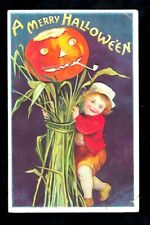 c1910 Singed Clapsaddle Halloween Postcard Boy With HayStack Pumpkin & Pipe picture