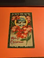 (1) Beautiful Antique Cottage In The Snow Red Flowers “Merry Christmas” Postcard picture