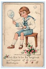 c1910's Birthday Greetings Little Boy Child Blowing Bubbles Antique Postcard picture