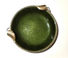 Vintage EVANS 1950’s Green Hand Enameled Dish on Copper w/Brass Leaves picture