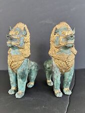PAIR OF CHINESE SHISHI FOO DOGS THAI GILT BRASS SINGHA TEMPLE LION FIGURE picture