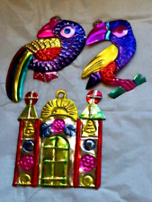 Lot of 3 Vintage Mexican Folk Art Punched Tin Hand Painted Christmas Ornaments picture