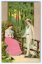 c1905 Couple Romance With Flowers Silk Embossed Unposted Antique Postcard picture