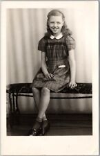 c1940s Studio Real Photo RPPC Postcard Happy, Smiling Girl in Plaid Dress Unused picture