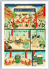 Postcard Japan Sumo Wrestlers Art Wood Block Print 6X4 A20 picture