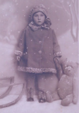 Teddy Bear Toy Cute Child Sleigh RPPC Antique Vintage Real Photo Postcard picture