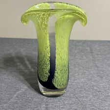 Vintage Teleflora Hand Blown Glass Vase Green Specked W/ Purple Base Flared top picture