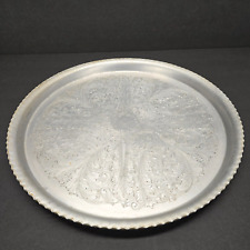 Vintage Round Hand Wrought Embossed Aluminum Serving Tray Ridgid Edge Floral picture