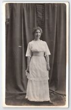 RPPC Pretty Edwardian Lady White Ruffle Dress Real Photo Postcard O28 picture