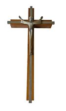 Vintage Rare Metal Jesus On Wooden & Metal Cross With Upraised Arms 10” Tall picture