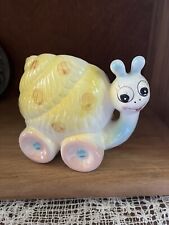 Vintage Relpo Glazed Ceramic 5in Snail Planter Yellow Pink & Blue  Made in Japan picture