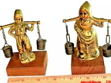 VINTAGE CAST DUCH BOY & GIRL FIGURES CARRYING BUCKETS ON WOOD BASE picture