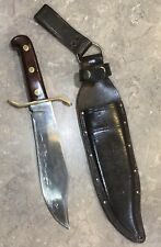 VINTAGE LARGE HUNTING/SURVIVAL KNIFE WOOD HANDLE W/LEATHER SHEATH 9.5 In. BLADE picture