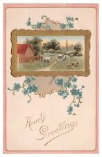Vintage Embossed Hearty Greetings Postcard c1910 Outdoor Farm Scene Gold Frame picture