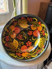 KHOKHLOMA Russian Wooden Hand Painted Bowl Floral Black Gold Red picture