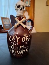 Vintage Redware Jug Skull Stopper Crossbones LAY OFF THE OLD MANS PRIVATE POISON picture