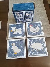 Set of 4 Vintage Country Calico Farm Animal Ceramic Tile Trivets - Coasters picture