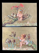 2 Antique 19th C. Victorian Litho Trading Cards Fantasy Nude Cherubs Birds picture