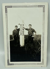 Vtg 1940s Snapshot Photo Men Posing by Missouri & Kansas State Sign Post picture
