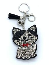 Bling Black Cat Shape Keychain Glitter Silver Tassel Chain Kitty Bag Accessory picture