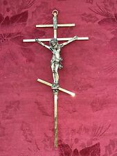 VINTAGE 10x5 GOLD METAL RELIGIOUS WALL CROSS JESUS FIGURE SLANTED picture