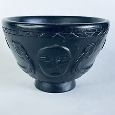 Vtg 1970s African Dark Wood Carved Bowl Catch All Men Faces & Boats Tribal Rare picture