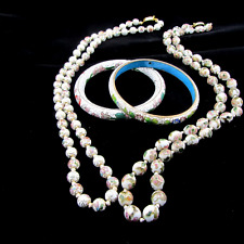 Vintage Chinese Cloisonne Enamel Necklace Bracelet Lot White Hand Knotted Floral picture