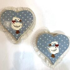 Vintage OOAK Hand-Painted Pair of Blue Heart Geese 1986 Wooden and Lace Trim picture