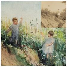Antique Watercolor Painting Original Photo Children Framed Signed 1923 VTG B&W picture