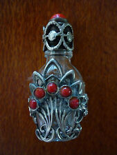 Spanish Miniature Perfume Bottle In Scrolled Silver &  Red Coral Beaded Overlay picture