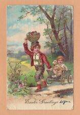 1914 EASTER EMBOSSED VINTAGE POSTCARD TWO LITTLE BOYS WITH BUNNIE AND EGGS picture