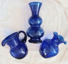 VTG Mid Century Cobalt Blue Art Blown Glass Flower Bud Vases Creamer Lot picture