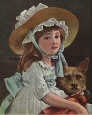 DOG Cairn Terrier Dog with Pretty Girl, Large 1880s Antique Color Print picture